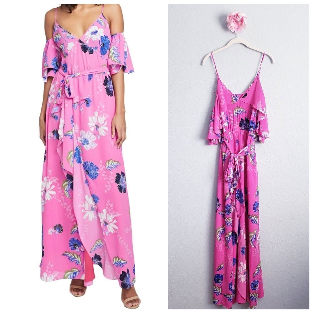 Rachel Rachel Roy Pink Floral Cold Shoulder Ruffle Maxi Dress